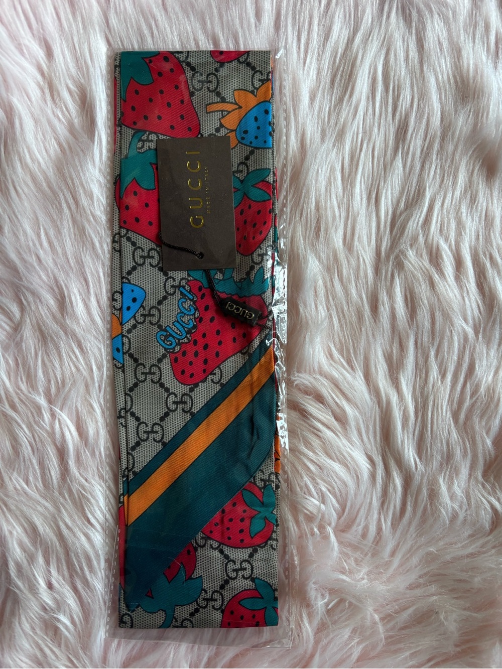Strawberry Print Silk Twilly - Teal, Red, Orange